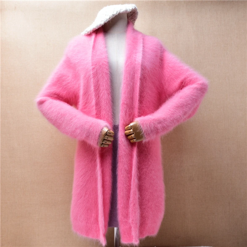 

Female Women Fall Winter Sweet Pink Hairy Plush Mink Cashmere Knitted Medium Long Loose Angora Cardigans Mantle Sweater Jacket