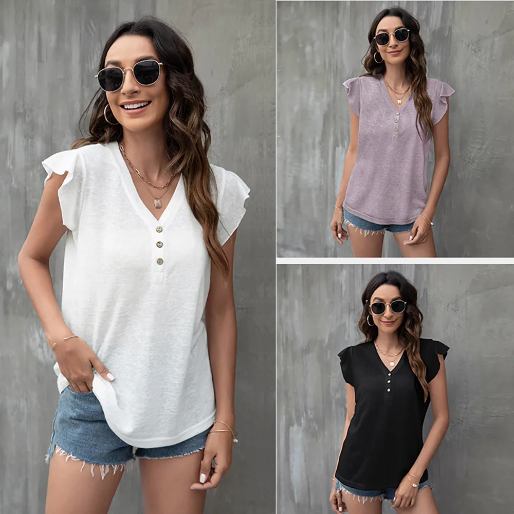 

Ruffles Shirts for Women Summer 2023 New Fashion Solid V-neck Loose Casual Button Ruffled Sleeve Female Tops Blouse T-shirt