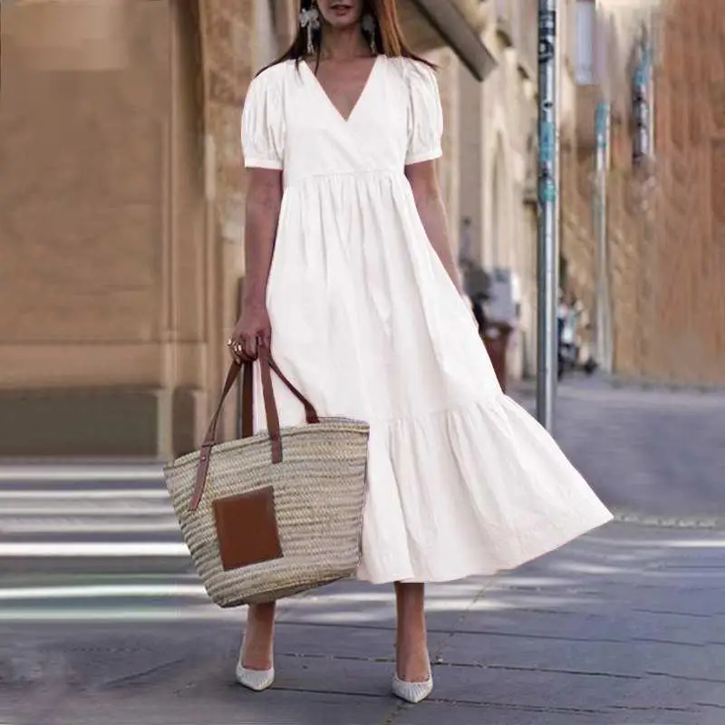 

Fashion Women's Dress High Waist Loose Version Short Sleeve Solid Color Pullover Ankle Skirt V-neck Large Swing A-line Skirt