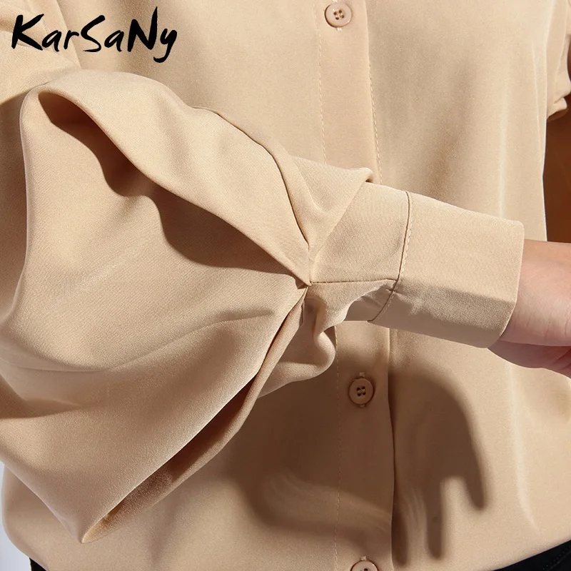 Женская рубашка с большим пышным рукавом Блузка цвета хаки длинным однотонные