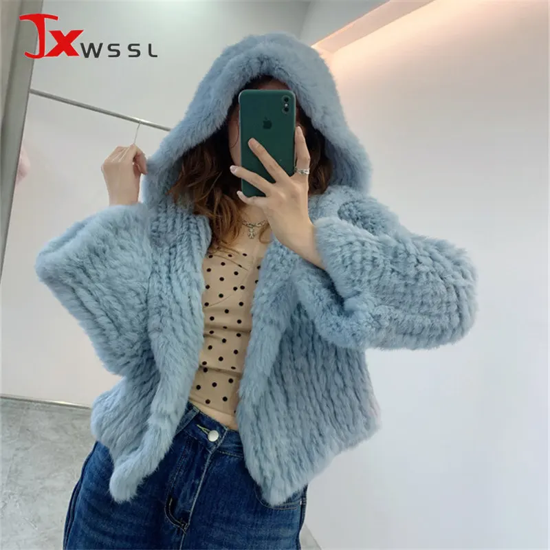 High Quality Short Fur Coat Women's Winter New Woven Rabbit Fur Flared Sleeves Hoodie Solid Color Soft Fashion Fur Short Jacket