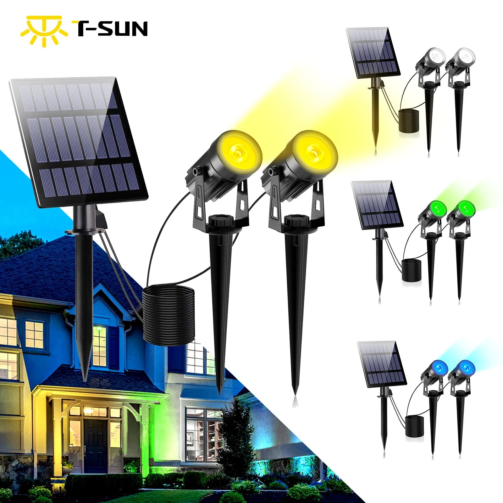 

T-SUNRISE Solar Powered Spotlight 2 Warm White Lights Solar Panel Outdoor Lighting Landscape Yard Garden Tree Separately Lamp