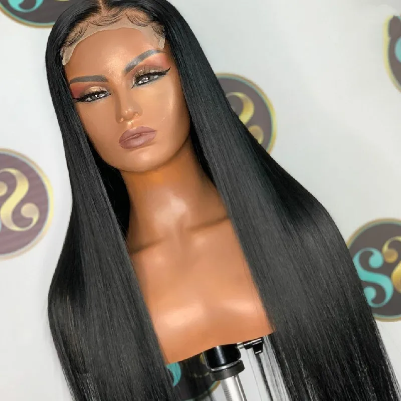 

Natural Looking Long 180 Density Remy Straight Lace Front Wig For Fashion Women Black Color With Babyhair Preplucked Glueless