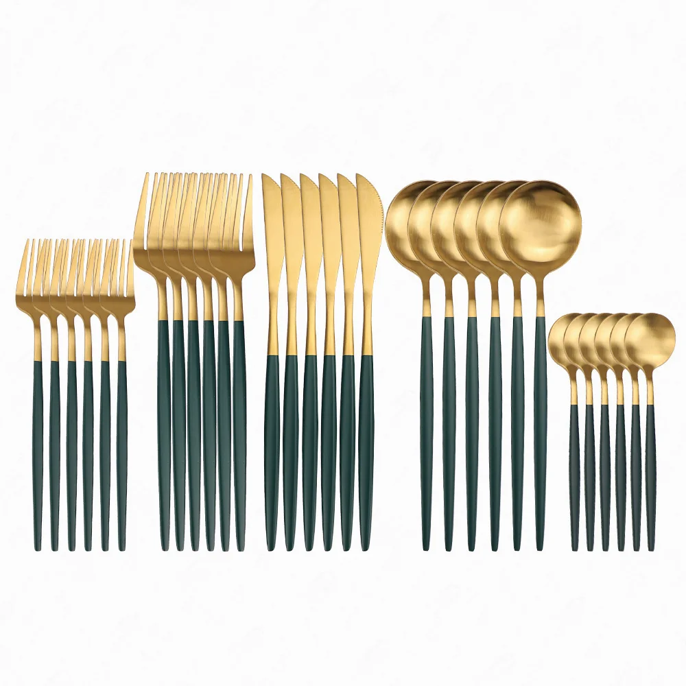 

30Pcs Matte Tableware Dark Green Gold Dinnerware Set Stainless Steel Wedding Cutlery Fork Knife Spoon Set Flatware Dropshipping