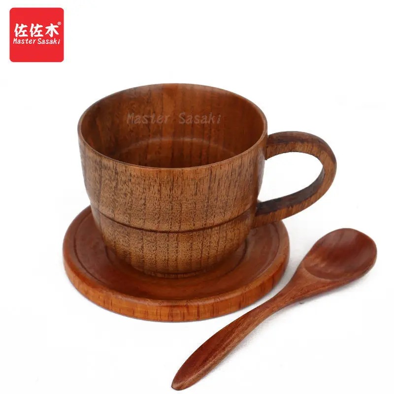 

Japanese-Style Wood Coffee Cup Spoon Set Wooden Tea Milk Cups Drinking Mugs Drinkware Handmade Juice Lemon Teacup Gift