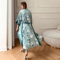 new blue women silk kimono robes long sexy nightgown vintage printed night gown flower plus size