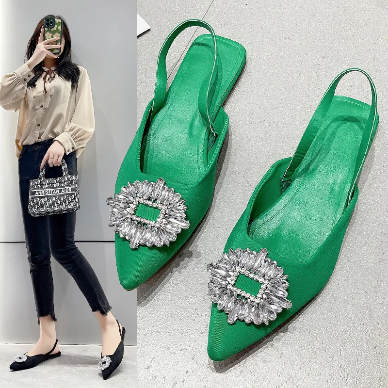New Women Shoes Summer Sandals Pointed Toe Diamond Shoes Woman Flats Back Strappy Shoes Ladies Sandals Mules Sandalias De Mujer