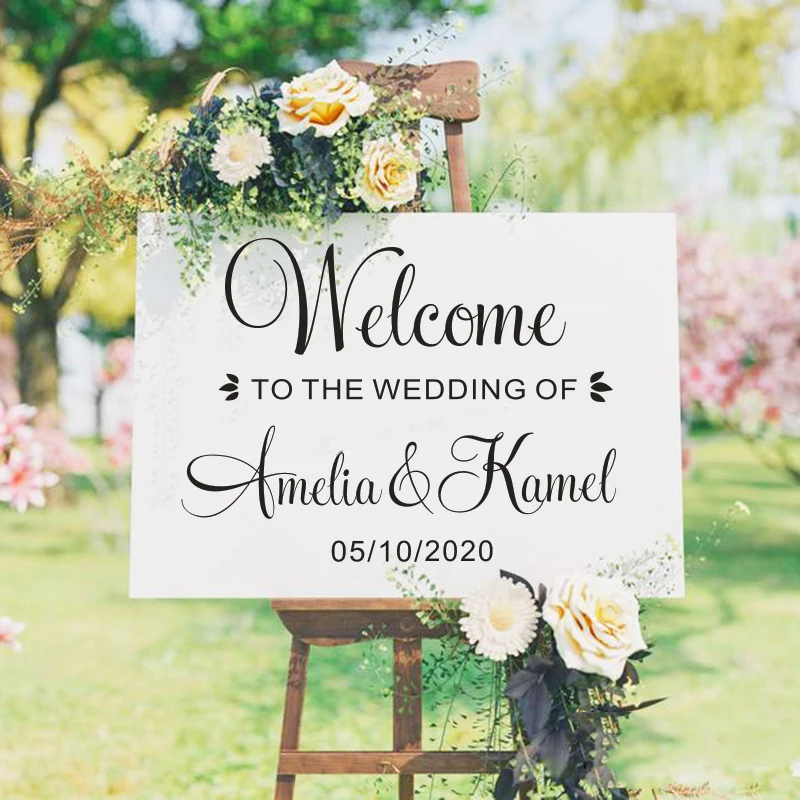 

Wedding Welcome Sign Vinyl Decals Simple Pattern Wedding Mirror Sticker Custom Names Wedding Marry Art Murals Décor Sticker