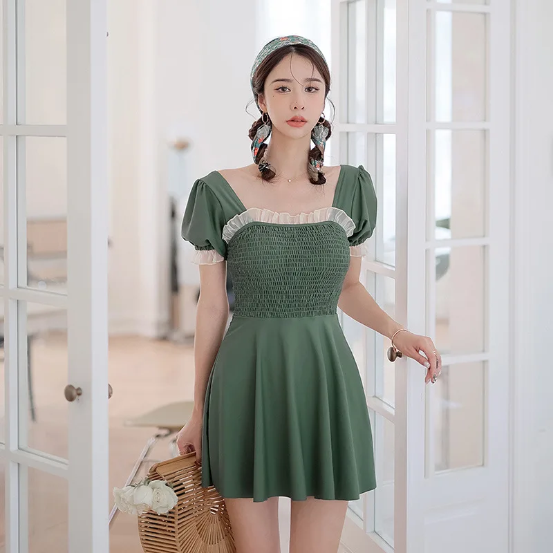 

Women Large Size Swimsuit One Piece Swimwear New 2022 Bathing Suit Female Skirt High Waist Cover Backless With Short Sleeve