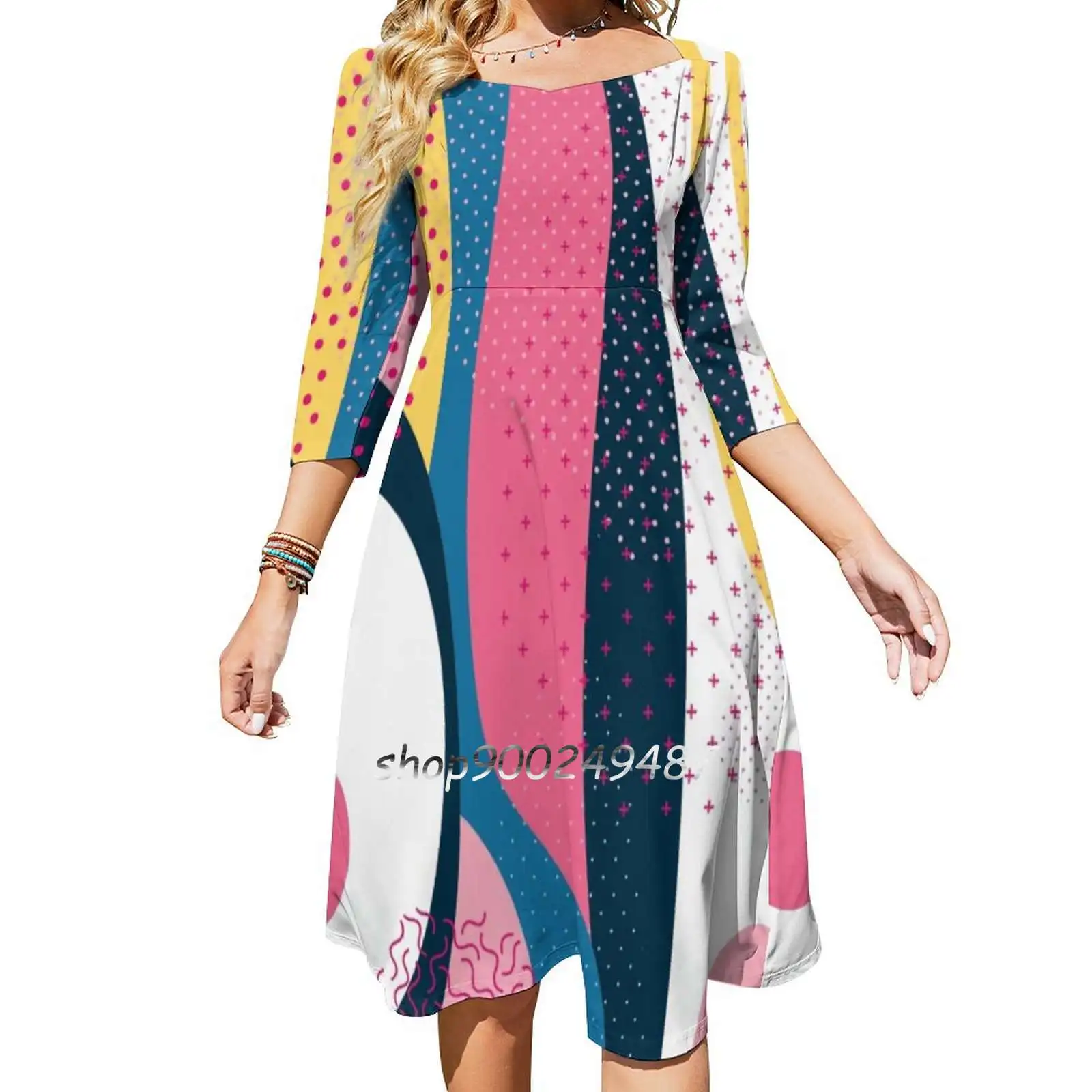 

Женское платье с квадратным вырезом, розовое, желтое или синее элегантное платье с абстрактным разноцветным узором, в Корейском стиле, #3