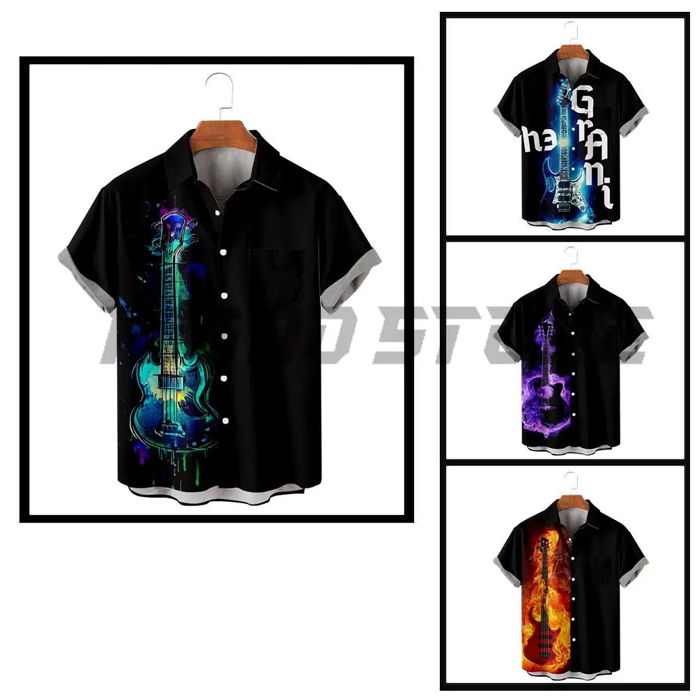 

Casual Button Down Shirts For Men Musical Guitar Pattern T rend Harajuku Turndown Outdoor Street Short Sleeve Shirt