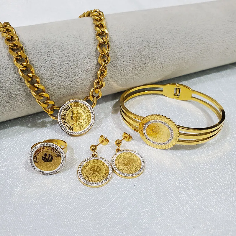 Нержавеющая сталь 316L золотой узор петуха толстая цепочка браслет с кристаллами и