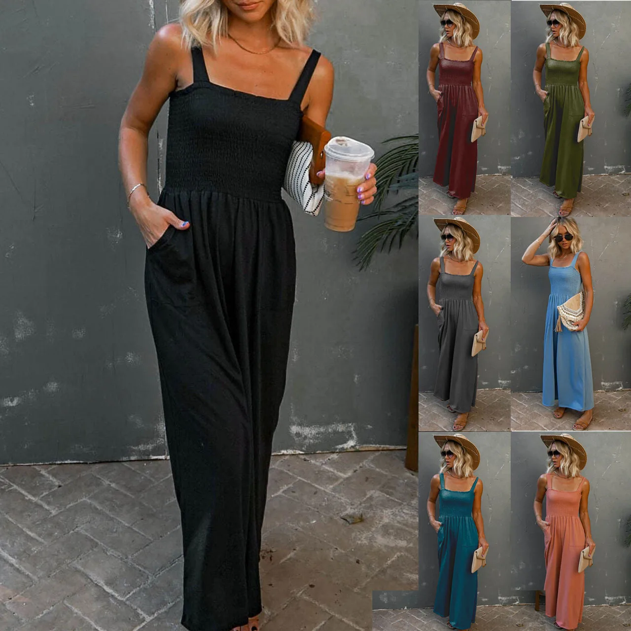

Женский Летний комбинезон без рукавов, повседневный однотонный Длинный комбинезон с широкими штанинами