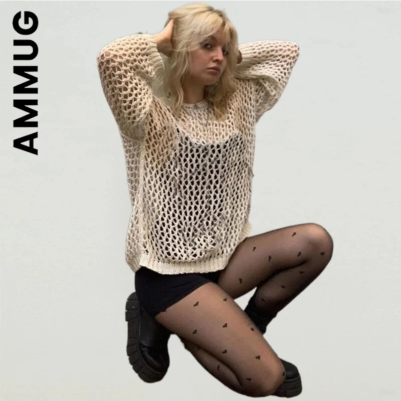 

Ammug New Knitted Women Sweater Soft Warm Jumper Knit Sweater Hollow Out Design Women's Jumper 2022 Elegant Basic Woman Sweaters