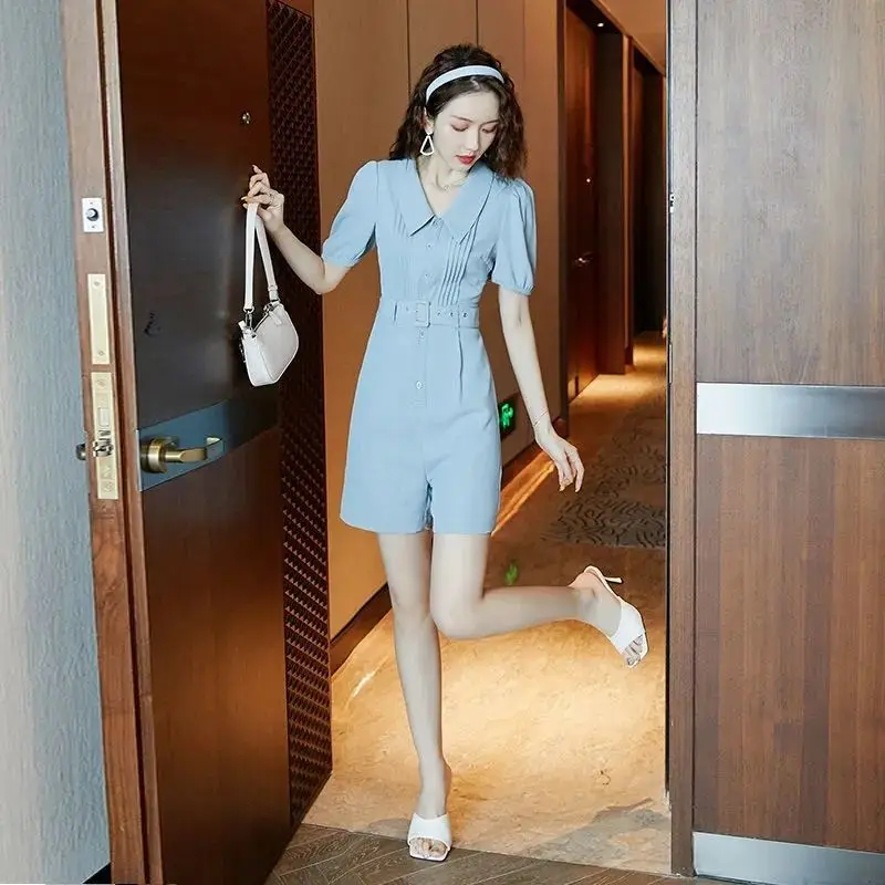 

2022 Woman Clothing New Summer Overalls Female Solid Color Chiffon Jumpsuit Ladies High Waist Wide Leg Shorts Playsuits U183