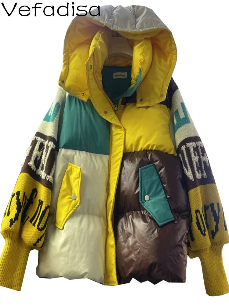 

Vefadisa 2023 Winter Woman Hooded Zipper Cardigan Parkas Coat Loose Thickening Color Blocking Knitting Cotton Coat LHX2888