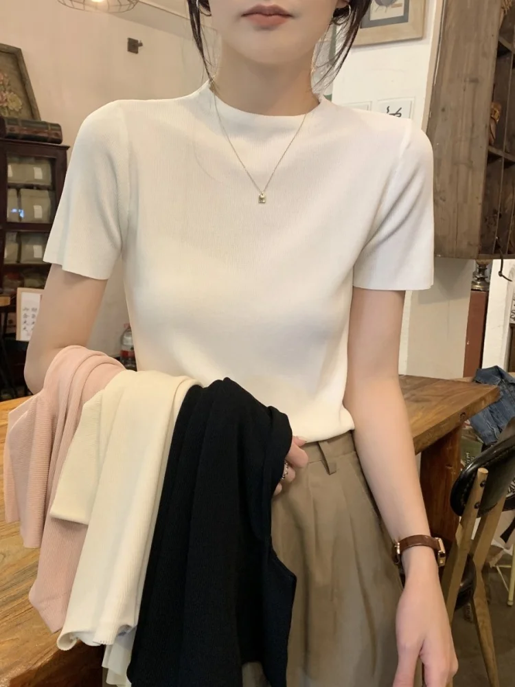 Новинка 2024 вязаная черная футболка с коротким рукавом из ледяного шелка Женский