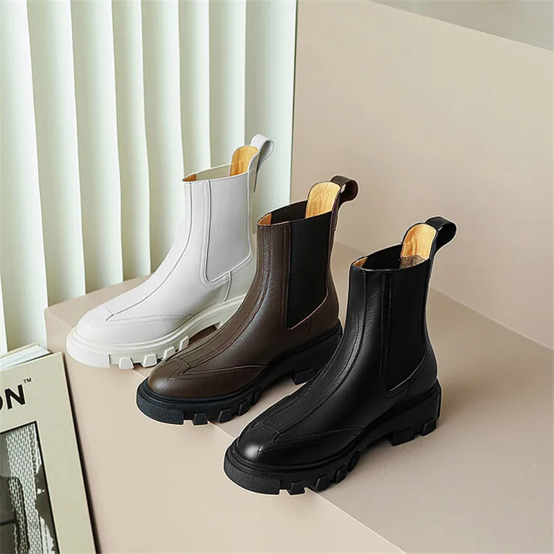 

New 2022 Autumn/Winter Women Boots Cow Leather Chelsea Boots Women Round Toe Chunky Heel Women Shoes Platform Shoes for Women