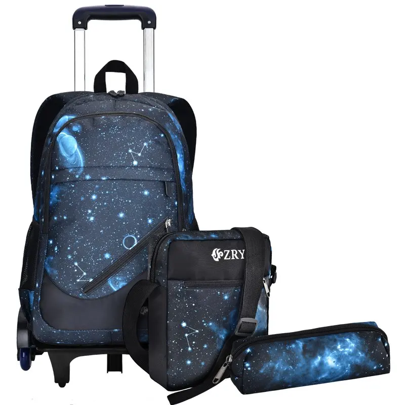 

3 Pcs Kids Rolling Backpack - Shoulder Bag Rolling Backpack - Wheeled Kids Backpack with Pen Bag | Cross-Body Bag | Blue