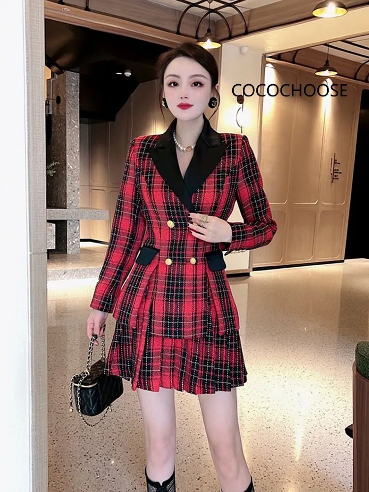 

Preppy Style Mini Pleated Skirt Suits 2 Piece Set 2022 Spring Vintage Red Plaid Blazer Outfits Fashion Autumn Winter Dress Sets
