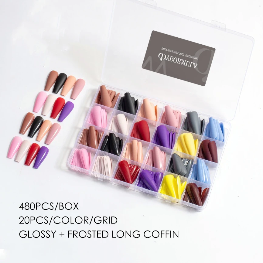 

480pcs Mixed Glossy Frosted Long Coffin False Nails Tips for Nails Fingernails Acrylic Fake Nails Art Artificial Press on Nails