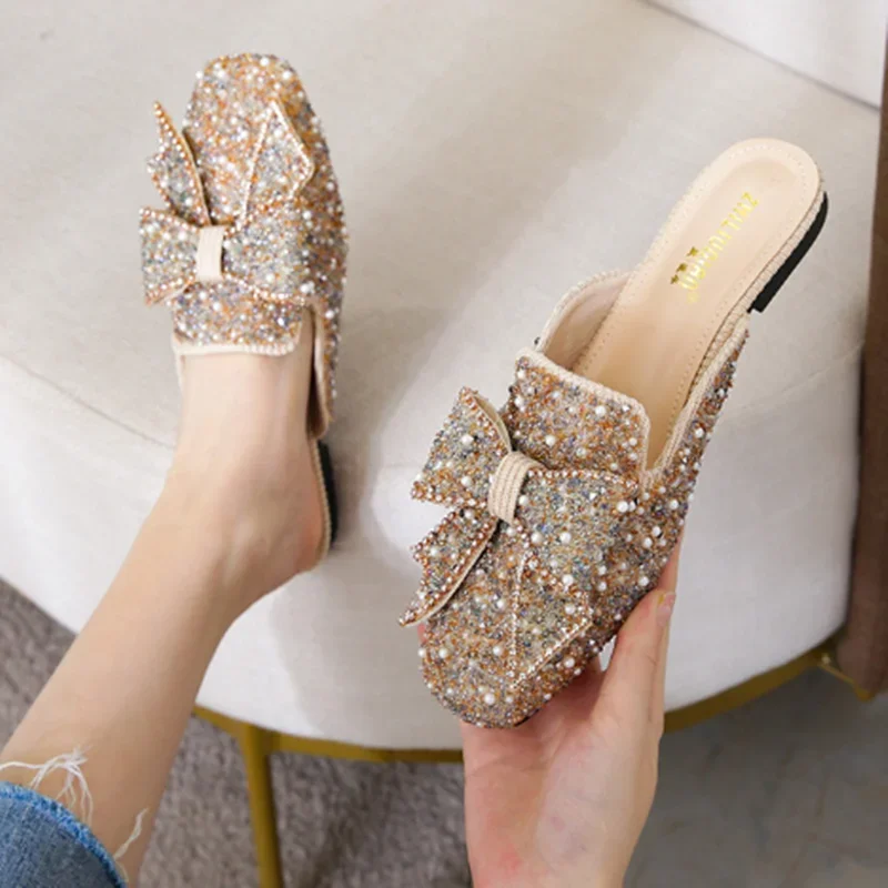 Lady Peal Bow TNew In Slippers Flat Slides For Bare Foot Закрытый носок Черное золото Повседневная обувь