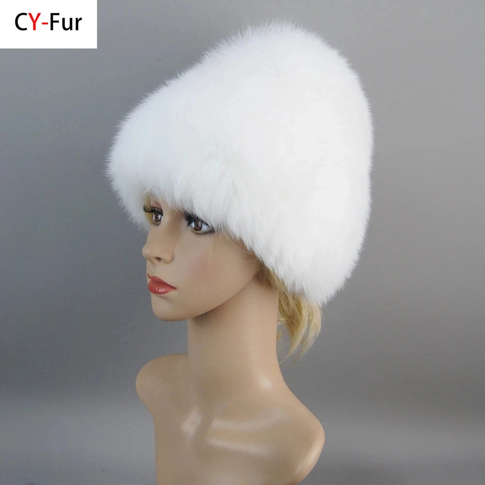 Зимние шапки из натурального лисьего меха женские вязаные настоящего серебра с