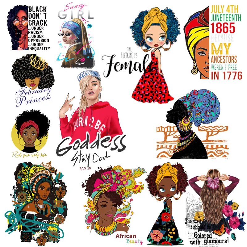 

Fashion Cute Girls Black Africa Woman Patch Clothing Thermoadhesive Patches on Clothes Iron-on Transfers Stickers for T-shirts