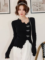 2022 spring summer black basic knit shirt fashion irregular diamonds bows appliques split long sleeve thin slim sweater top
