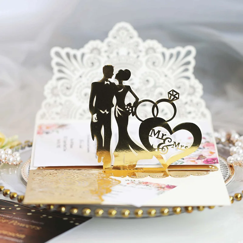 

10pcs European Laser Cut Wedding Invitations Card 3D Tri-Fold Diamond Ring Elegant Greeting Card Wedding Party Favor Decoration