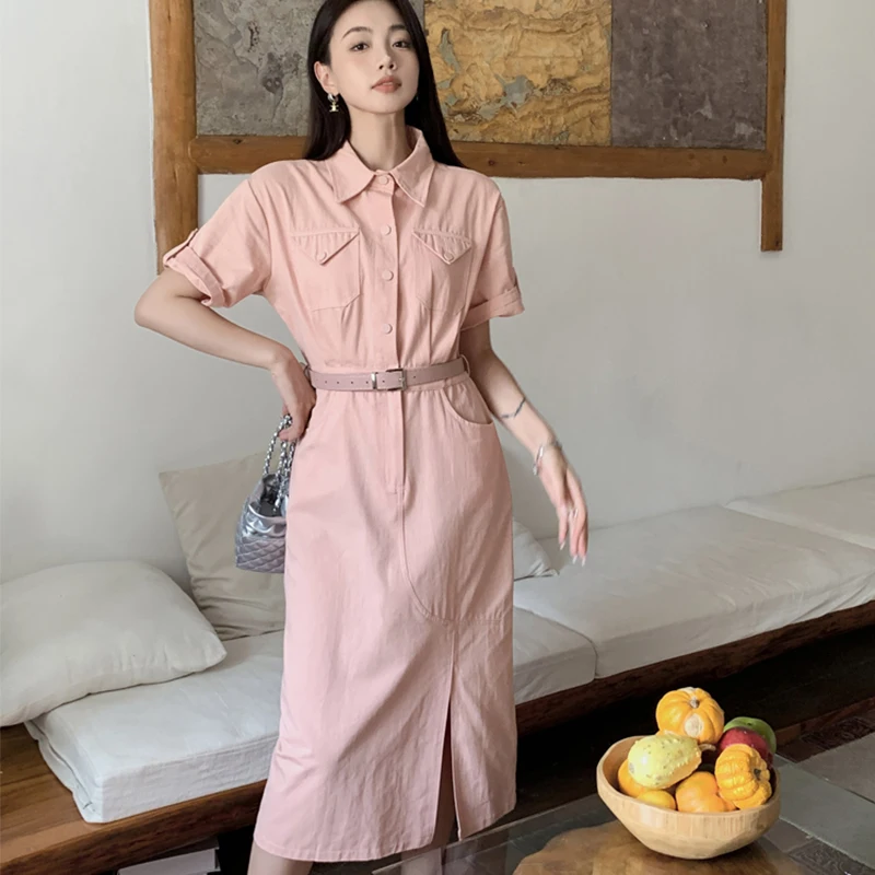 

Женское джинсовое платье средней длины, повседневное элегантное платье из денима с разрезом и вытягивающим поясом, 2023