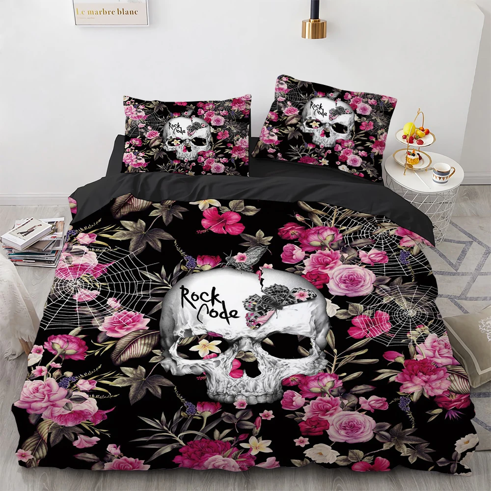 

Black skull flower Pattern Color Cover Set Bed Sheet Pillowcases Multi Siz