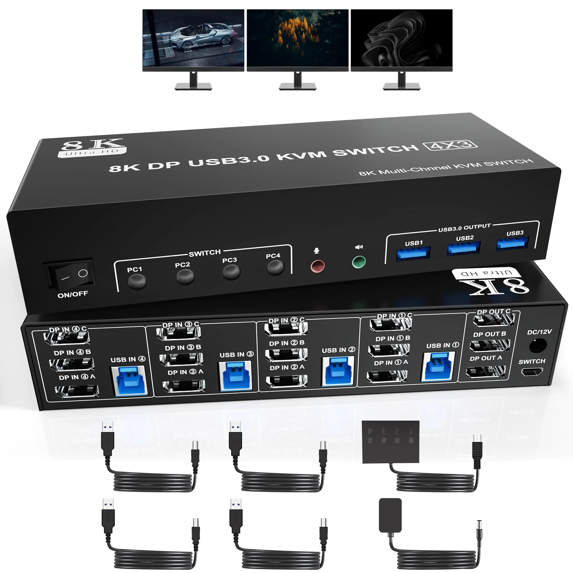 Фото KVM-переключатель USB3.0 Displayport, 3 монитора, 4 компьютера, KVM-переключатель с тройным монитором DP1.4 и выходом аудиомикрофона + 3 порта USB3.0 №1