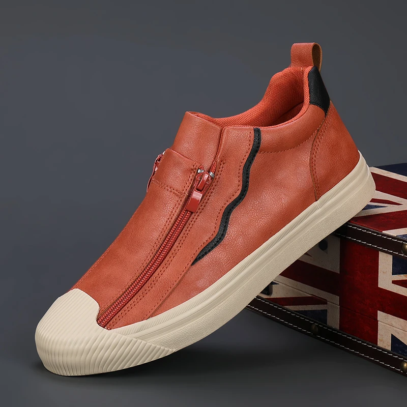 

Fashion Zipper Design Men Leather Casual Shoes Autumn Winter Red Mens Skateboard Shoes Comfortable Light Mens Vulcanized Shoes