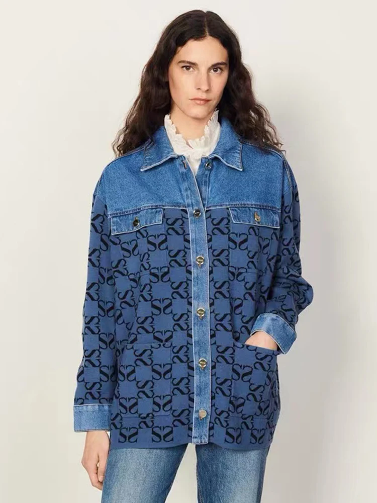 

Женский жаккардовый пиджак IOO, элегантная Свободная куртка во французском стиле с отложным воротником и надписью, трикотажная джинсовая куртка с прострочкой, женский топ на весну