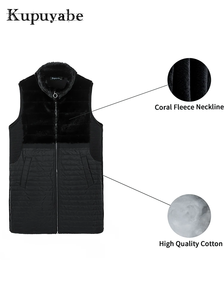 KUPUYABE Women's Winter Vest Coral Plush Collar Wool Pocket Cotton Filled Cotton Vest Warm Windproof Vest