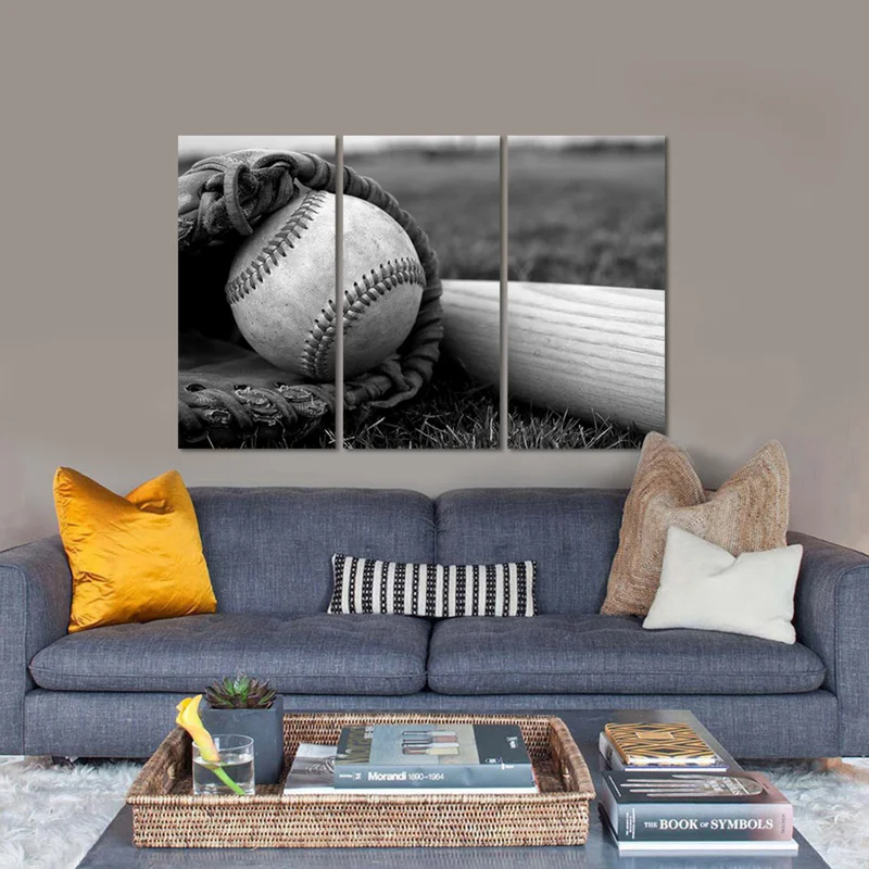 Бейсбольные и перчатки 3 шт. плакаты декор для комнаты черно-белый Принт холст