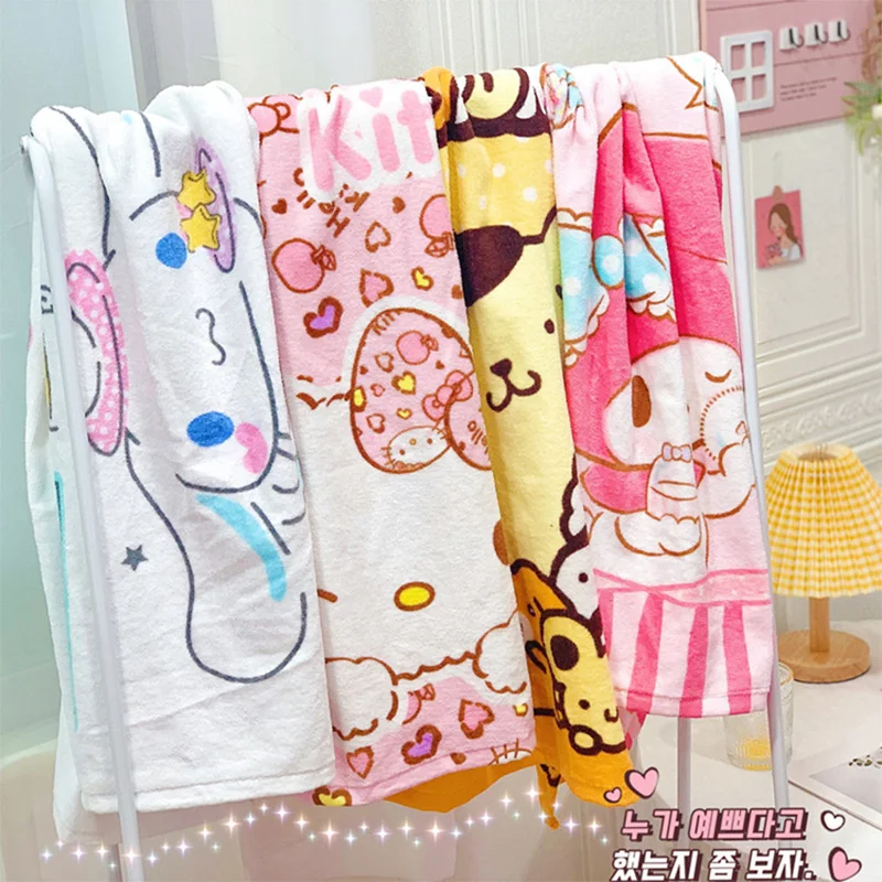 Банное полотенце Sanrio Kuromi Cinnamoroll, хлопковое детское полотенце из абсорбирующего материала с рисунком Hello Kitty, пляжное полотенце, полотенце для обертывания, покрывало, одеяло 