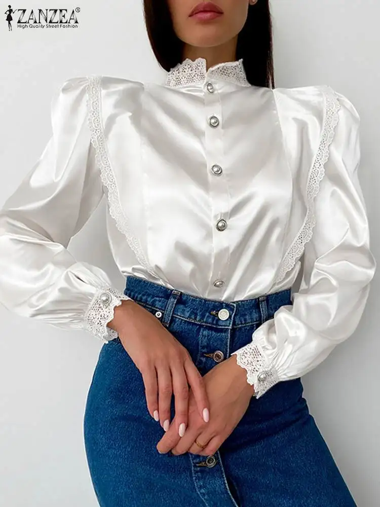 

Рубашка ZANZEA Женская атласная на пуговицах, модная Элегантная туника с воротником-стойкой, однотонная блузка с длинным рукавом, 2023