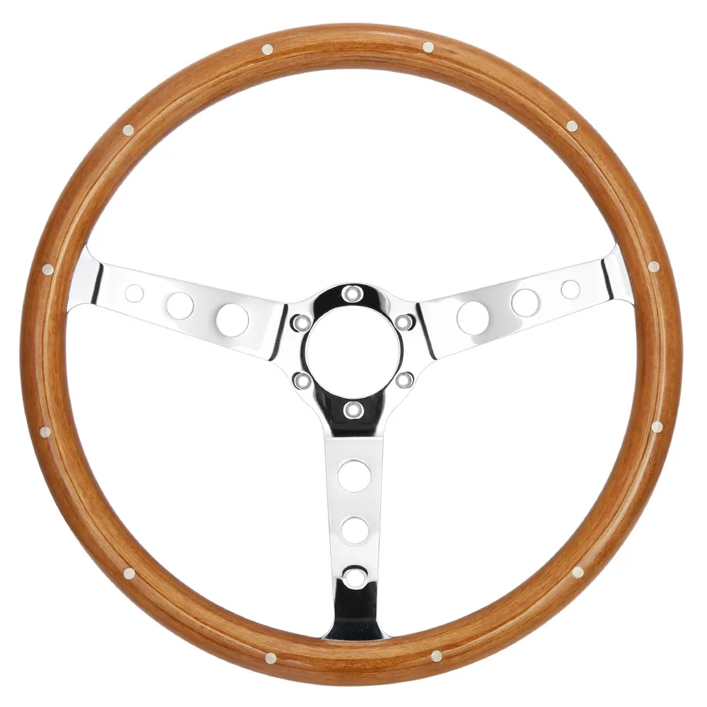 

15" Classic Wood Grain Round Hole Polished Silver Chrome Spoke Car Steering Wheel + Horn Kit BK