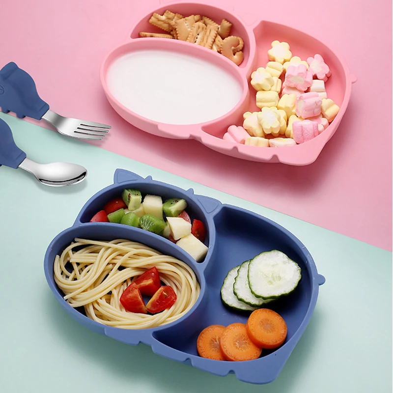 

ZK50 Baby Silicone Dinner Plate Children's Tableware Infant Supplement Sucker Bowl Eating Training Fork and Spoon Set