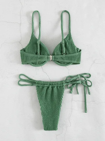 Underwire Push Up Bikinis Women Solid Green Swimwear 2023 Ribbed Cut Out Beach Bathing Suit Tie Side Triangle Swimsuit Biquini