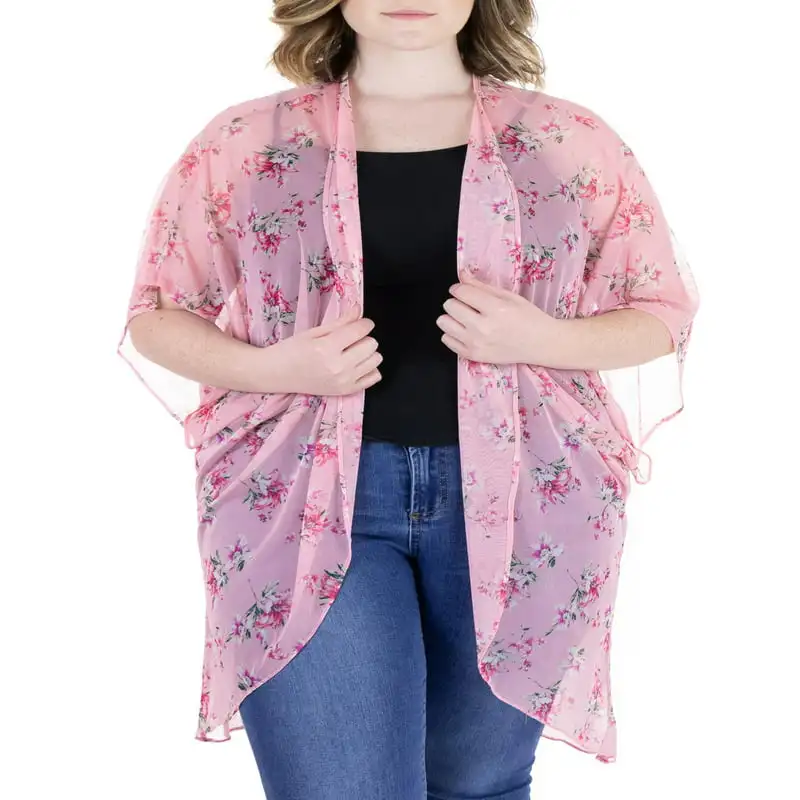 

Comfort Apparel Women's Plus Size Pink Floral Print Sheer Circle Cardigan