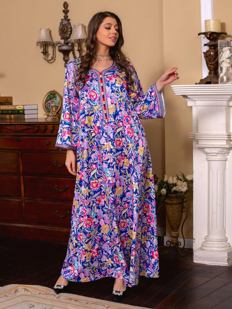 

Eid Turkey India Muslim Women Dress Floral Print Abaya Dubai Arabic Vestidos Moroccon Kaftan Islamic Clothing Gown Robe Ramadan