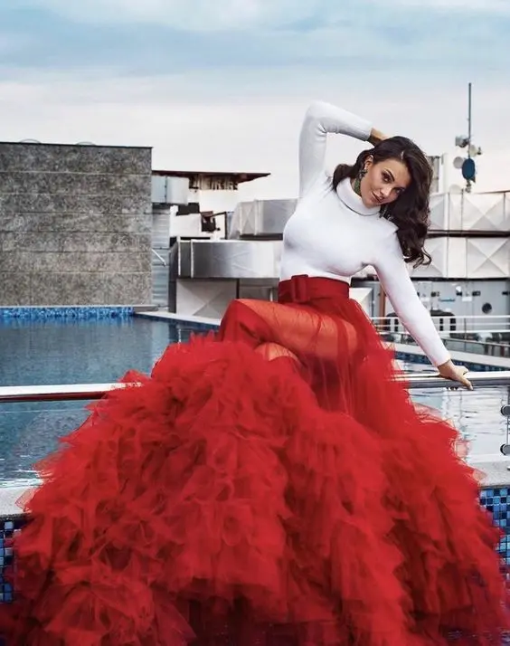 Потрясающие красные прозрачные длинные тюлевые юбки с оборками Пышные