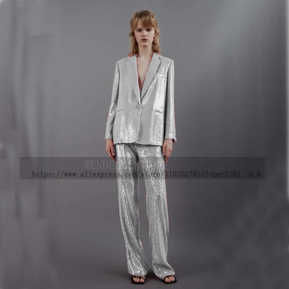Short Set of 2 Sequins Suit 1 Button Luxury Birthday Ball Party Custom Dress Pants Sets Traf 2023 Woman Summer Suits for Women