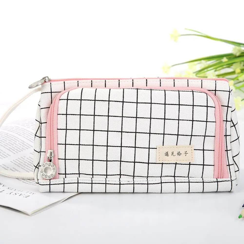 

Large Capacity Storage Bag Double Layer Pencil Cosmetic Case Box Cartoon Canvas Lattice Stationery Bag Storage Tool