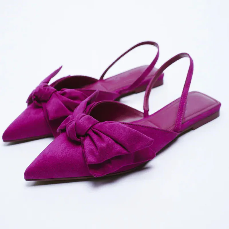 

ZRACK Brand 2022 Summer Women's Purple Pointed Flat Low Heel Luxury With Bow Sandals Casual Slingback Shoes Woman Plus Size 41