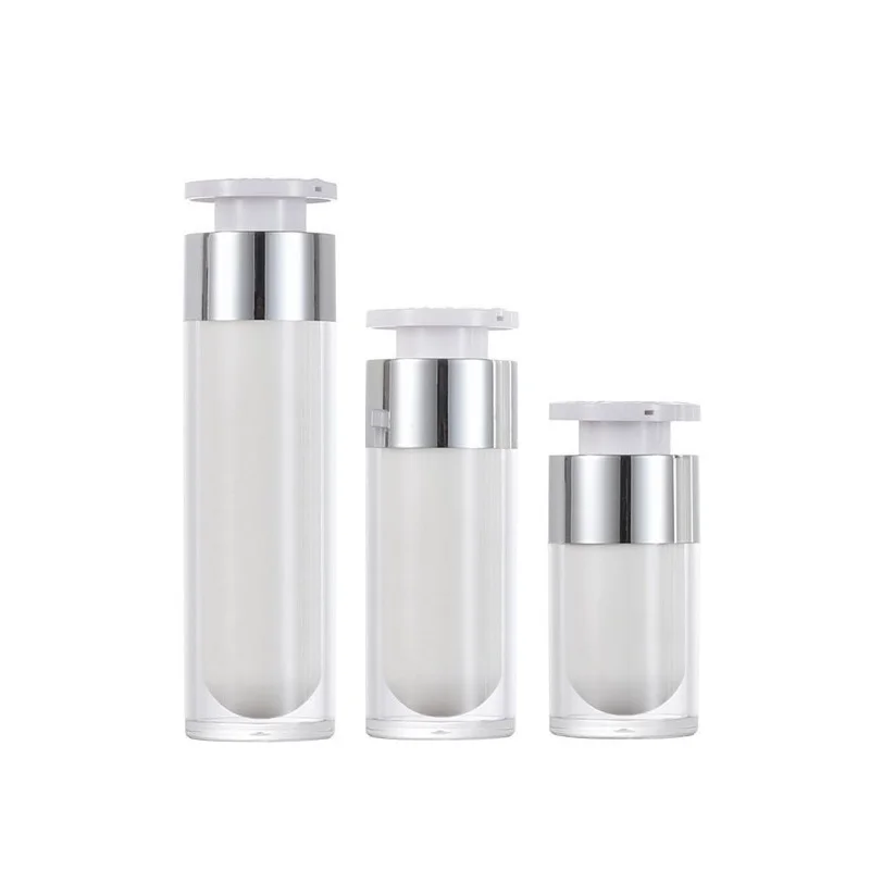 

10pcs Empty Cosmetic Lotion Emulsion Makeup Foundation Packaging Rotary Lock Pump White Acrylic Airless Bottle 15ml 30ml 50ml