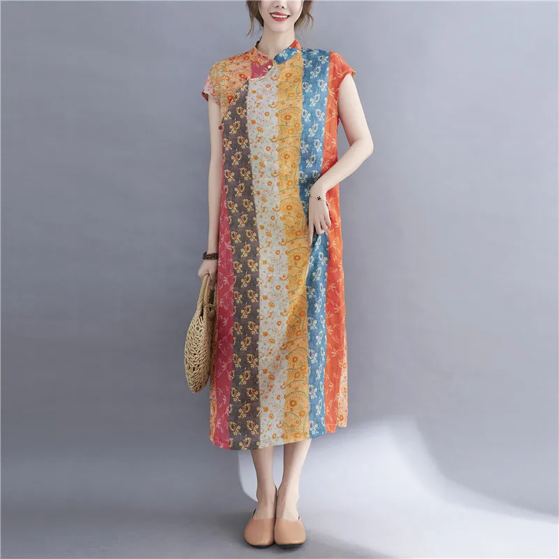 

2022 New Arrival Fashion Chinese Style Dress Cheongsam Robes Thin Soft Cotton Linen Print Floral Vintage Women Casual Long Dress